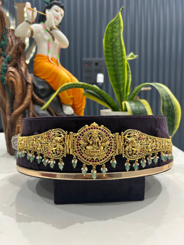 Beautiful Lakshmi devi , pota stone adult vaddanam with aqua beads
