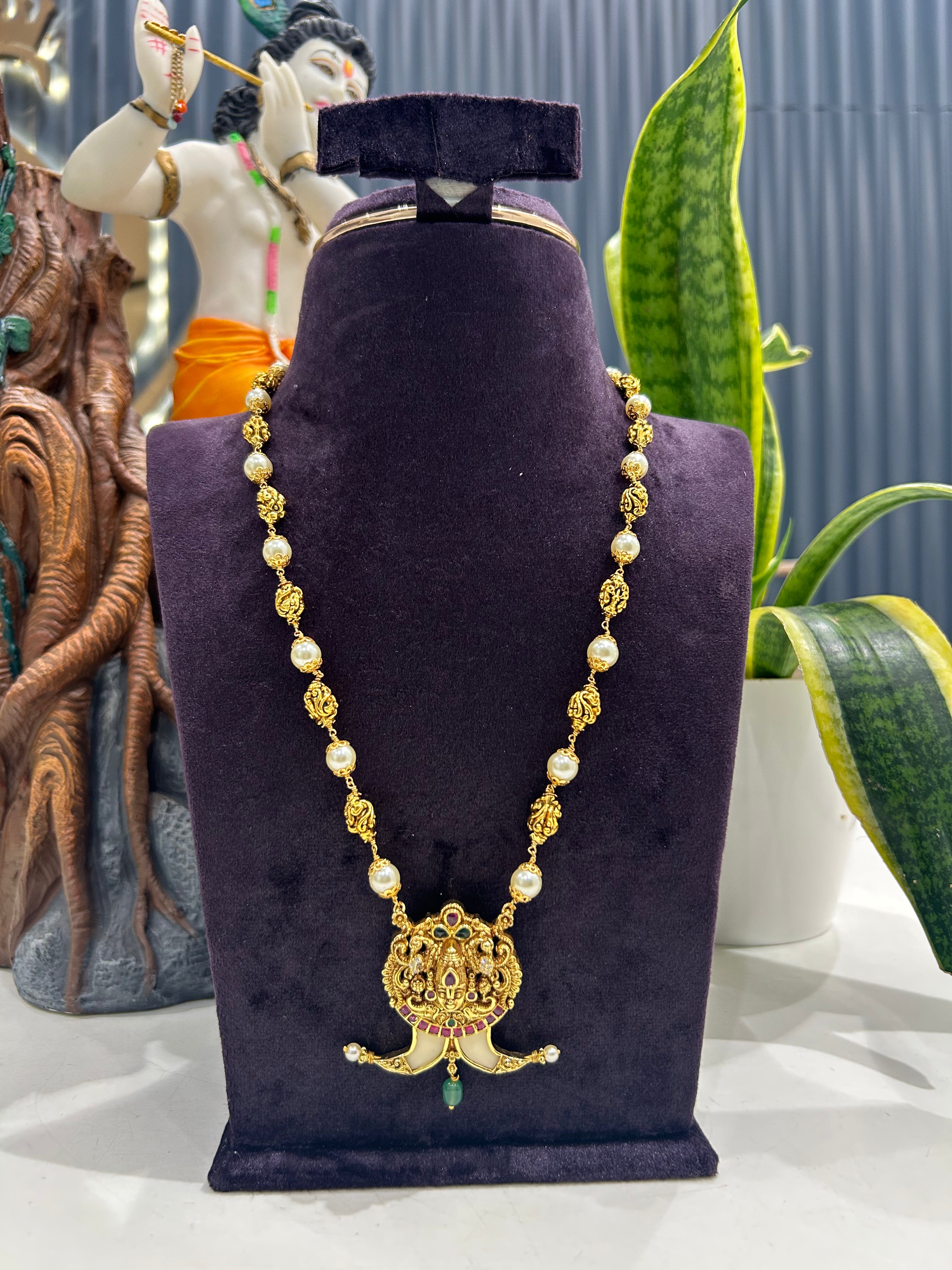 Beautiful Balaji pendant tiger nail with handmaking pearls & gold balls mala 18 inchs long