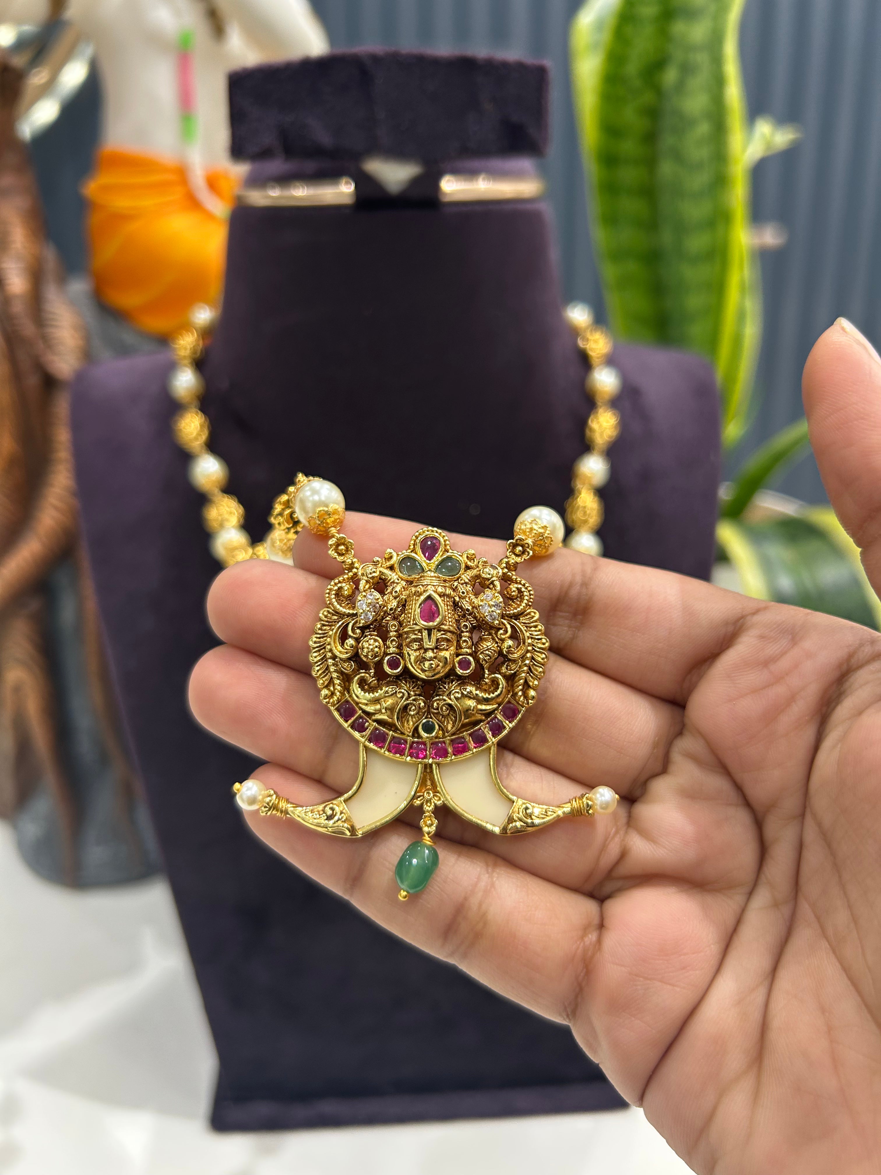 Beautiful Balaji pendant tiger nail with handmaking pearls & gold balls mala 18 inchs long
