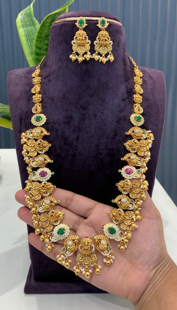 Beautiful peacock design Lakshmi devi long haram with screwback earrings