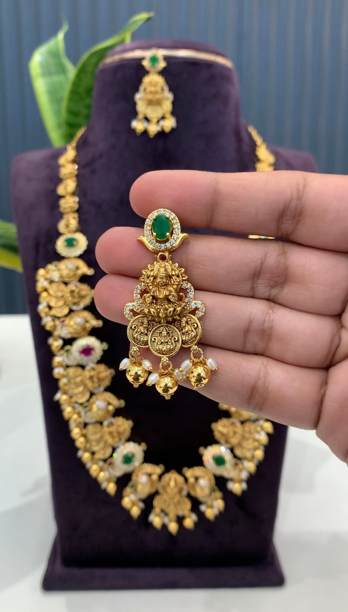 Beautiful peacock design Lakshmi devi long haram with screwback earrings
