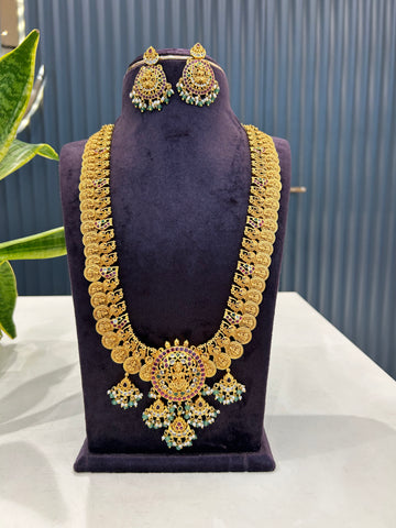 Beautiful pota stone & Lakshmi devi kasula model long haram with screwback earrings