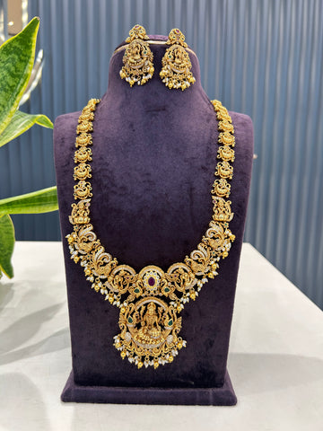Beautiful Lakshmi devi & peacock design long haram with screwback earrings