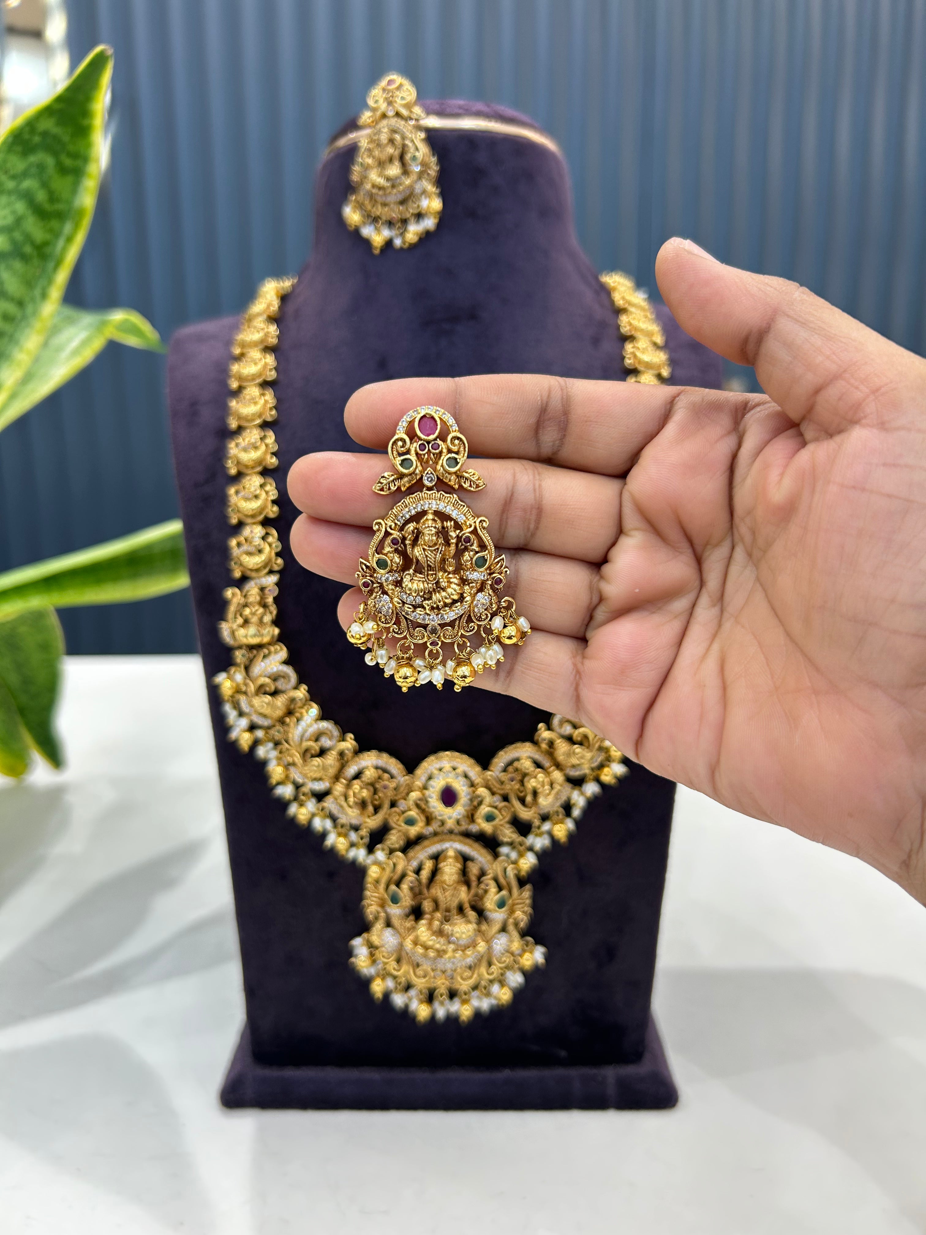Beautiful Lakshmi devi & peacock design long haram with screwback earrings