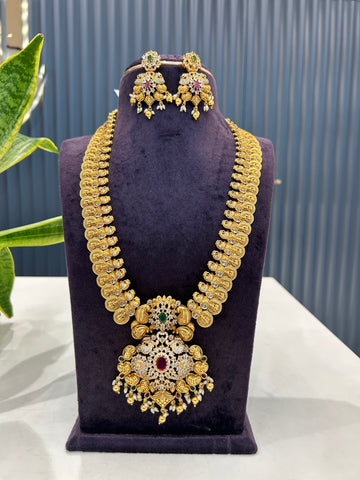 Beautiful CZ stones kasula model long haram with screwback earrings