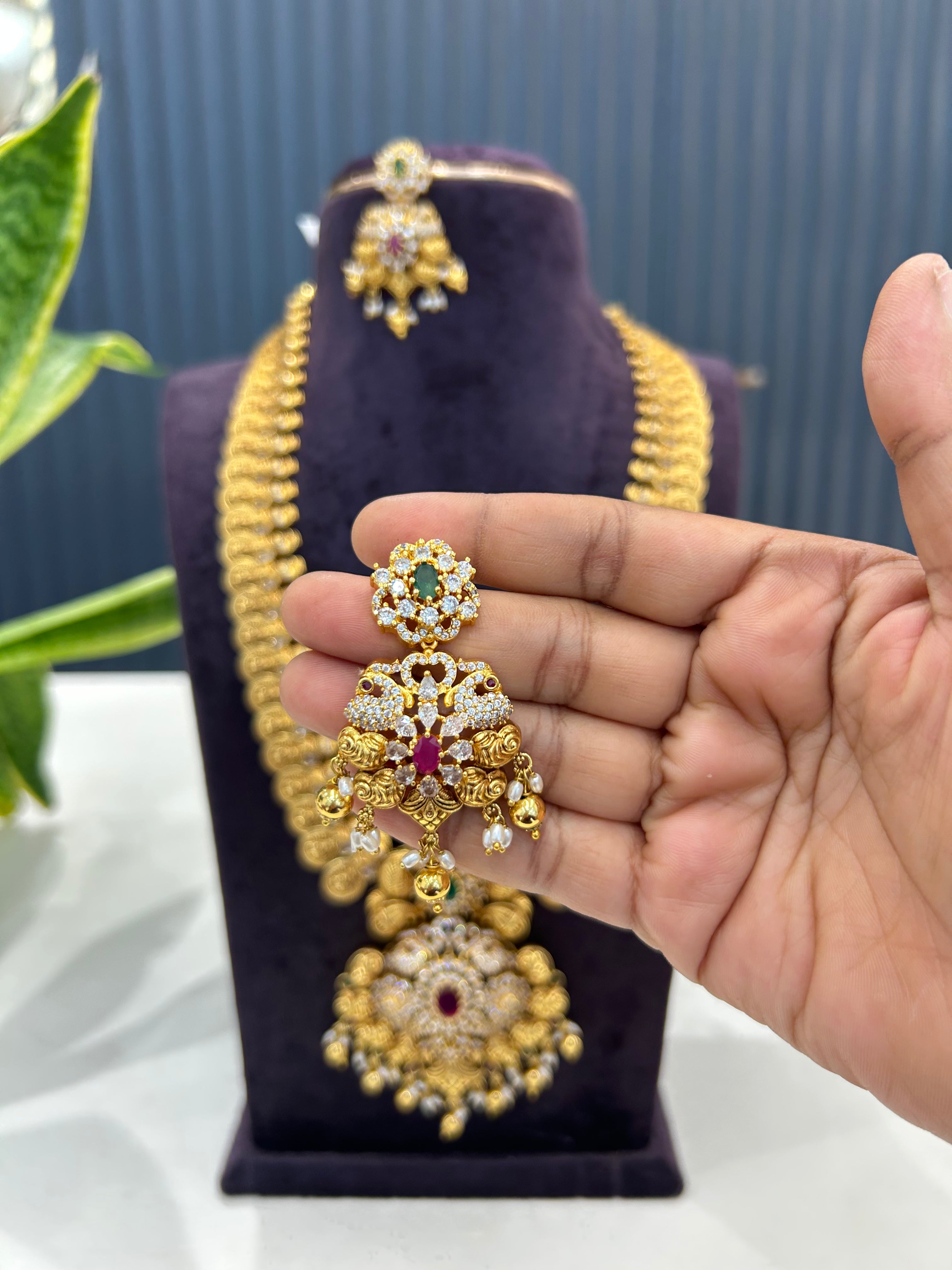 Beautiful CZ stones kasula model long haram with screwback earrings