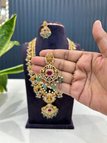 Beautiful CZ stones & Lakshmi devi model gutta pusalu long haram with screwback earrings