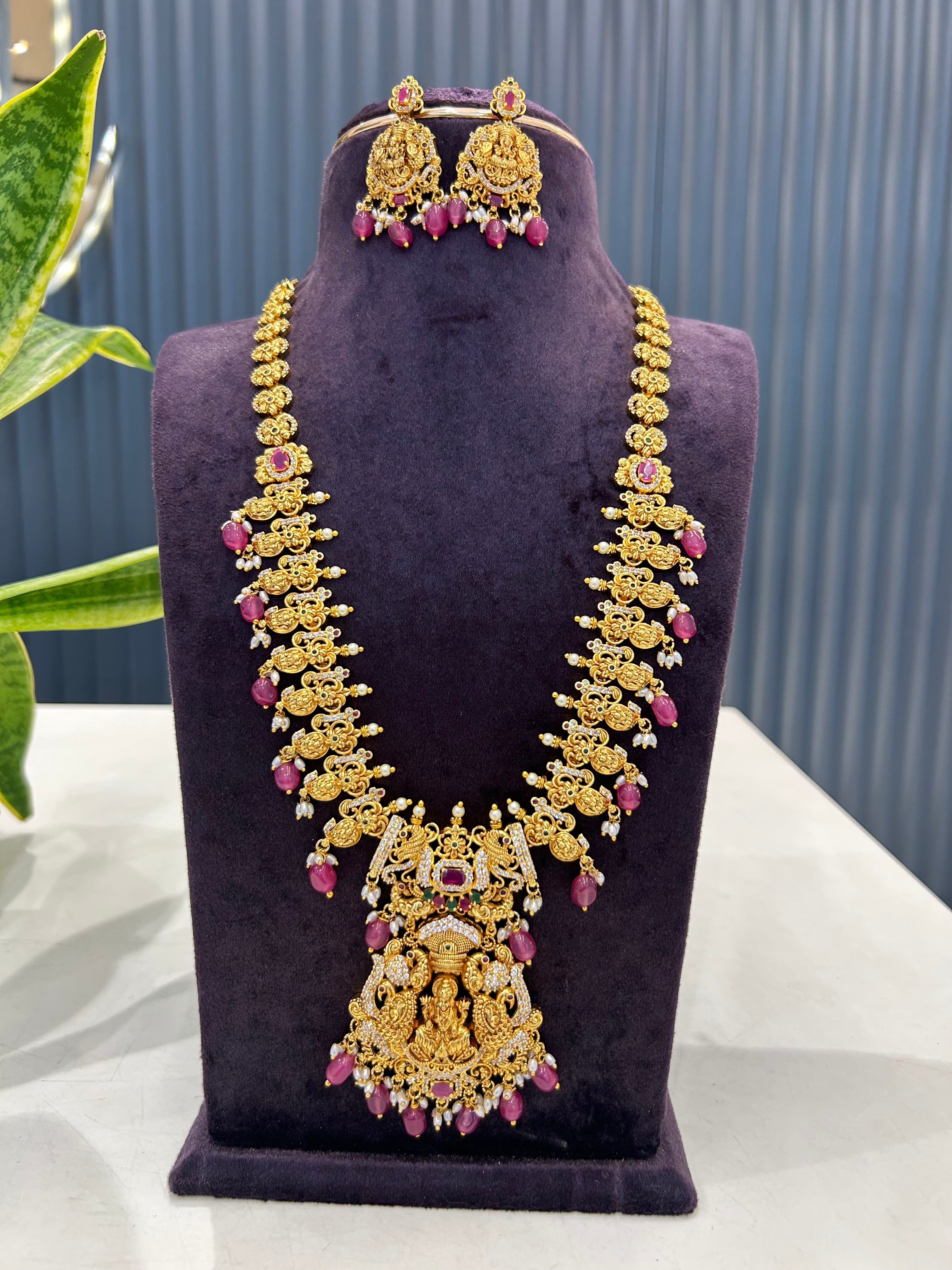 Beautiful mango design & Lakshmi devi model long haram with screwback earrings