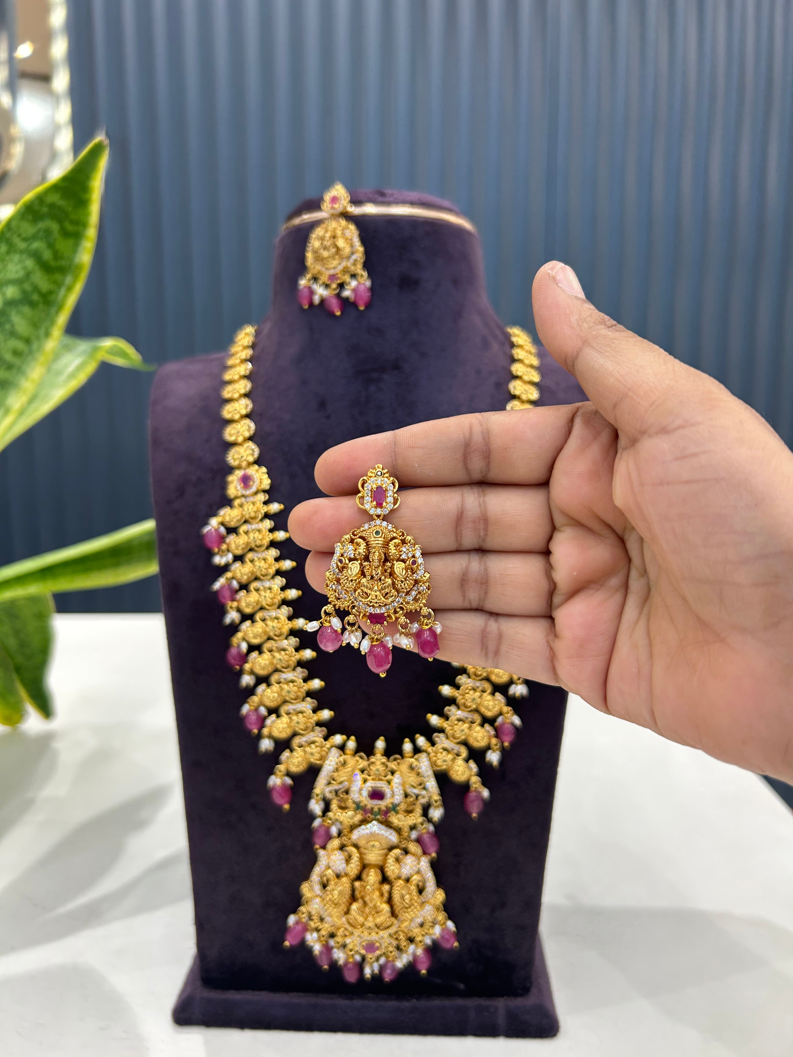 Beautiful mango design & Lakshmi devi model long haram with screwback earrings