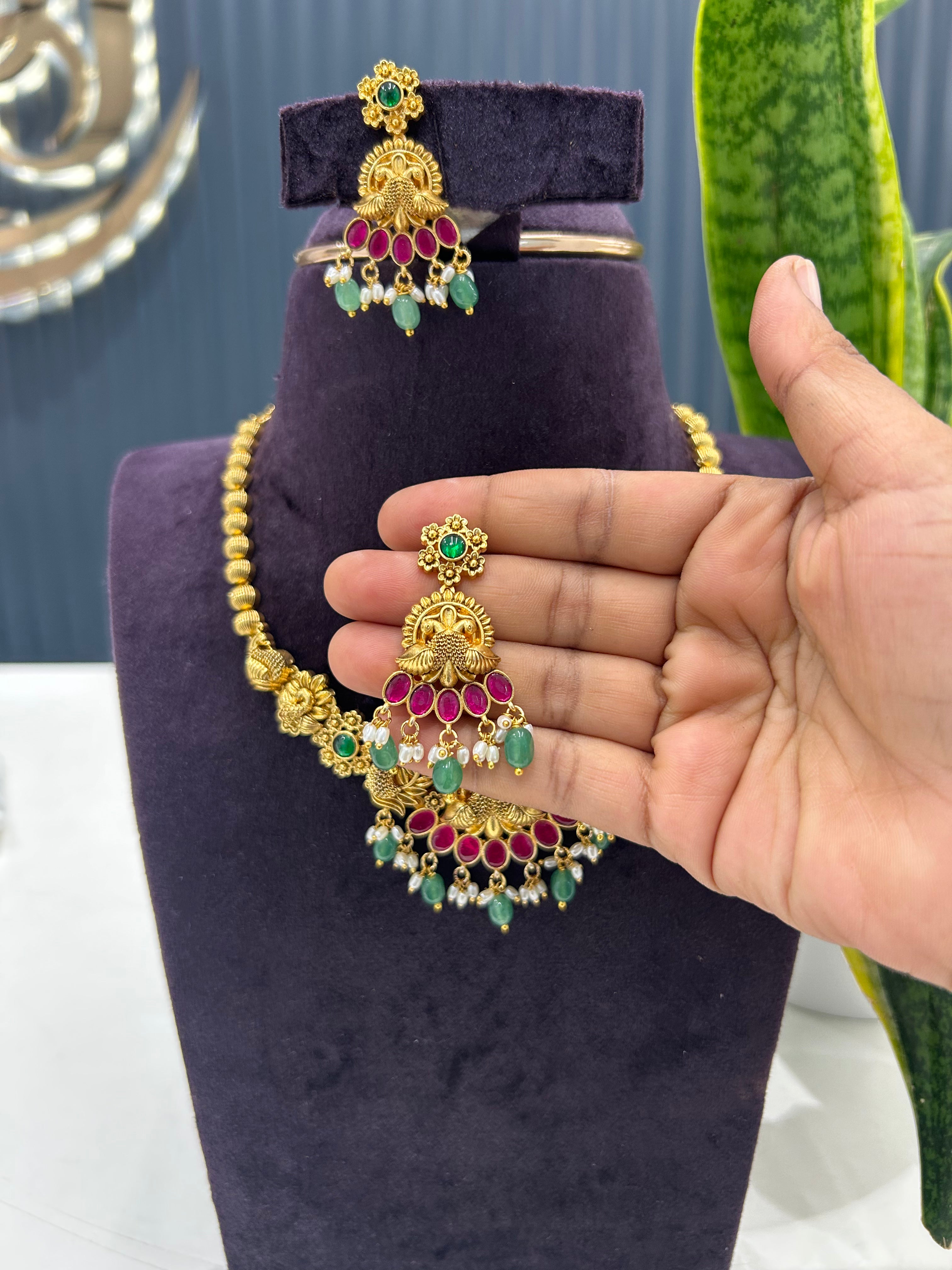 Beautiful peacock design pota stone necklace with pushback earrings