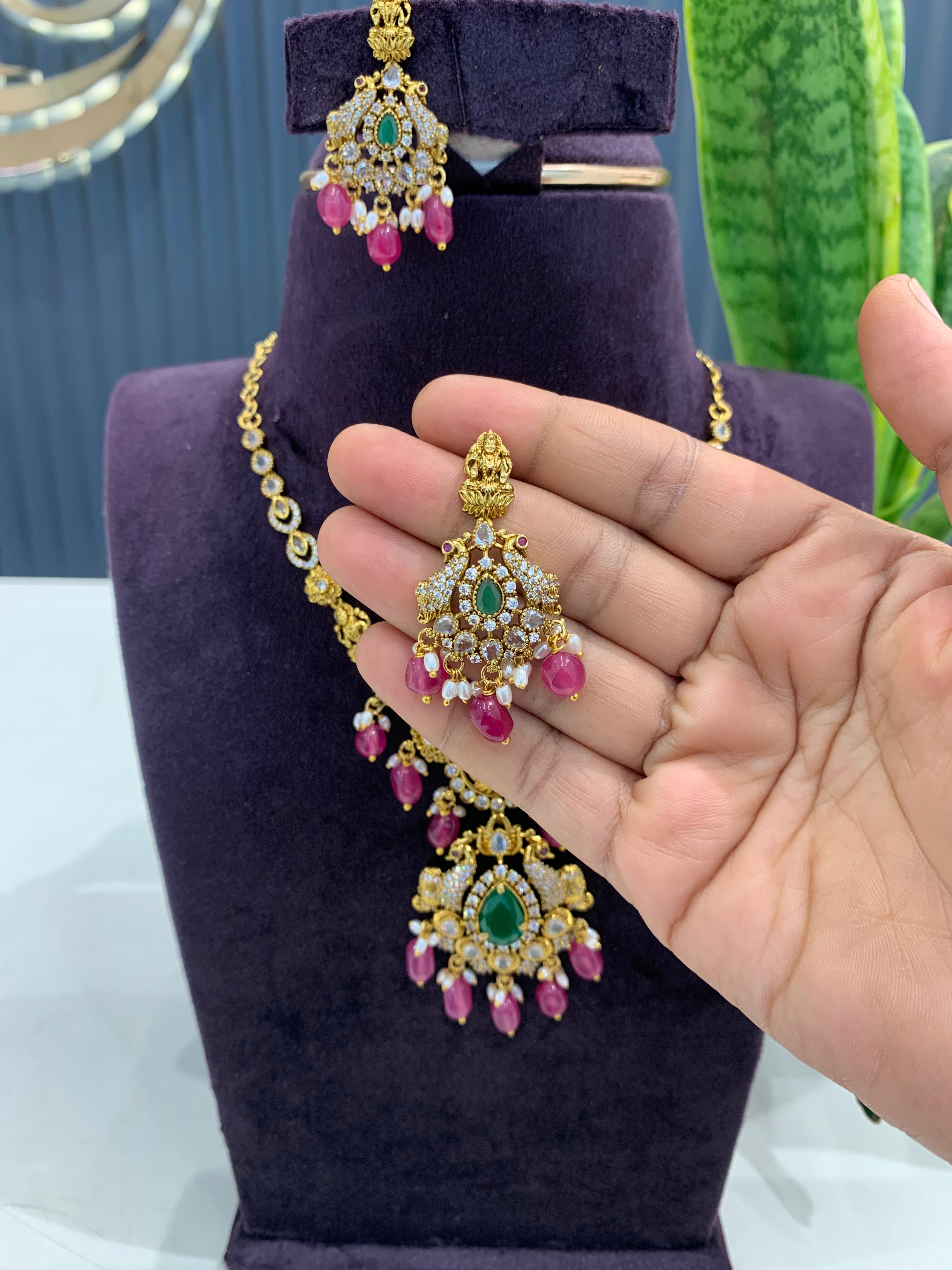Beautiful Lakshmi devi necklace set with pushback earrings
