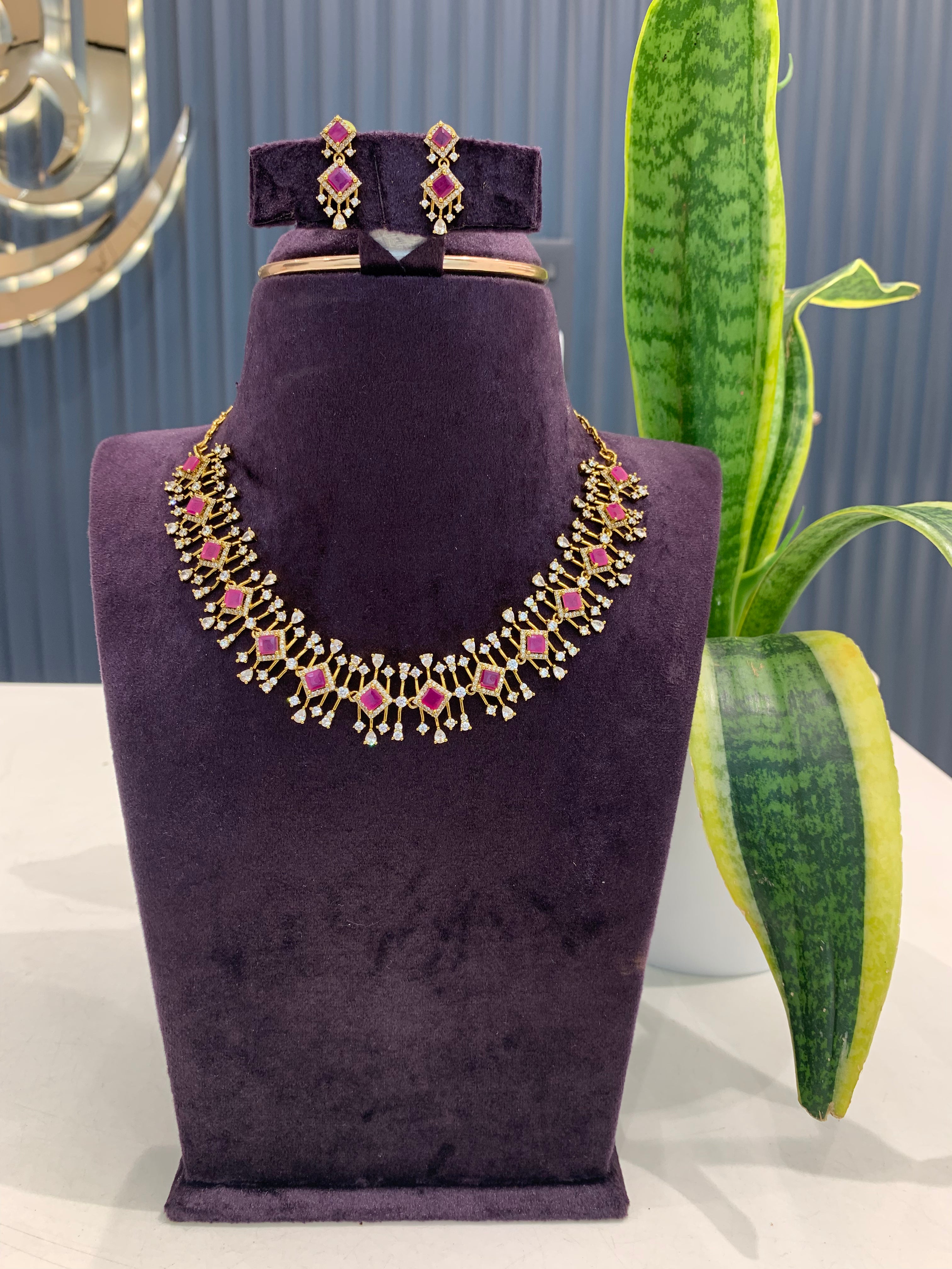 Beautiful CZ ruby stone necklace set with pushback earrings