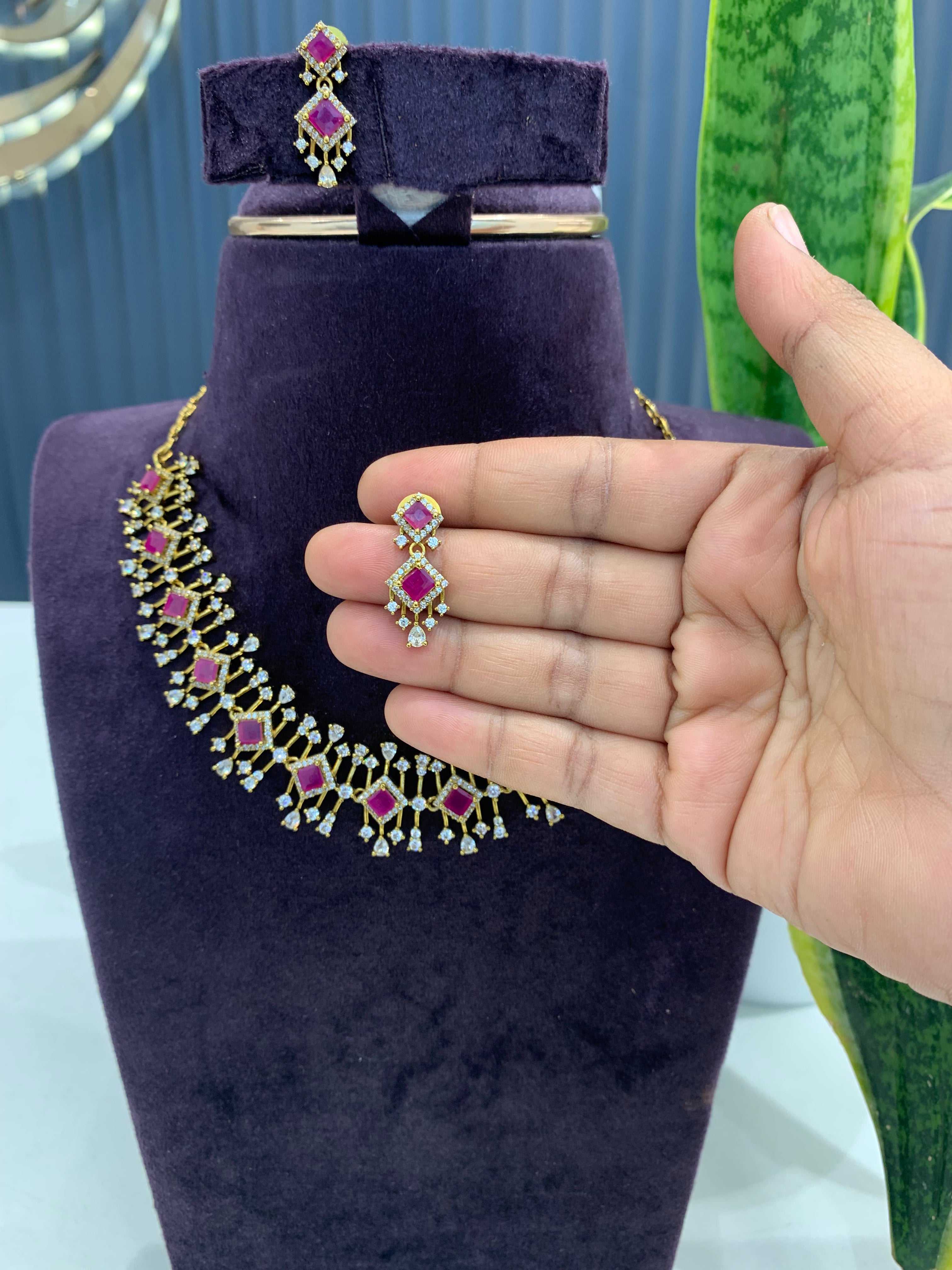 Beautiful CZ ruby stone necklace set with pushback earrings