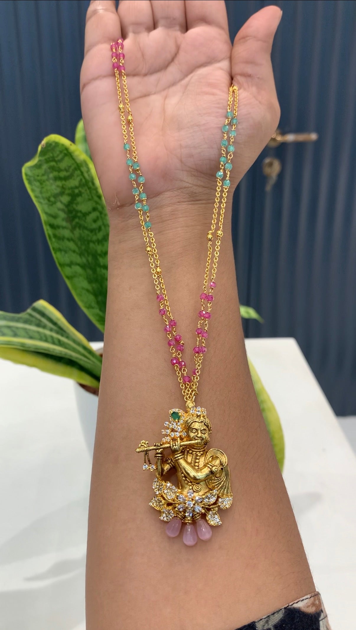Beautiful Krishna Pendent with handmaking crystal beads ,Chandraharam chain 18 inchs long
