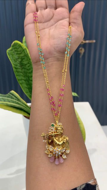 Beautiful Krishna Pendent with handmaking crystal beads ,Chandraharam chain 18 inchs long
