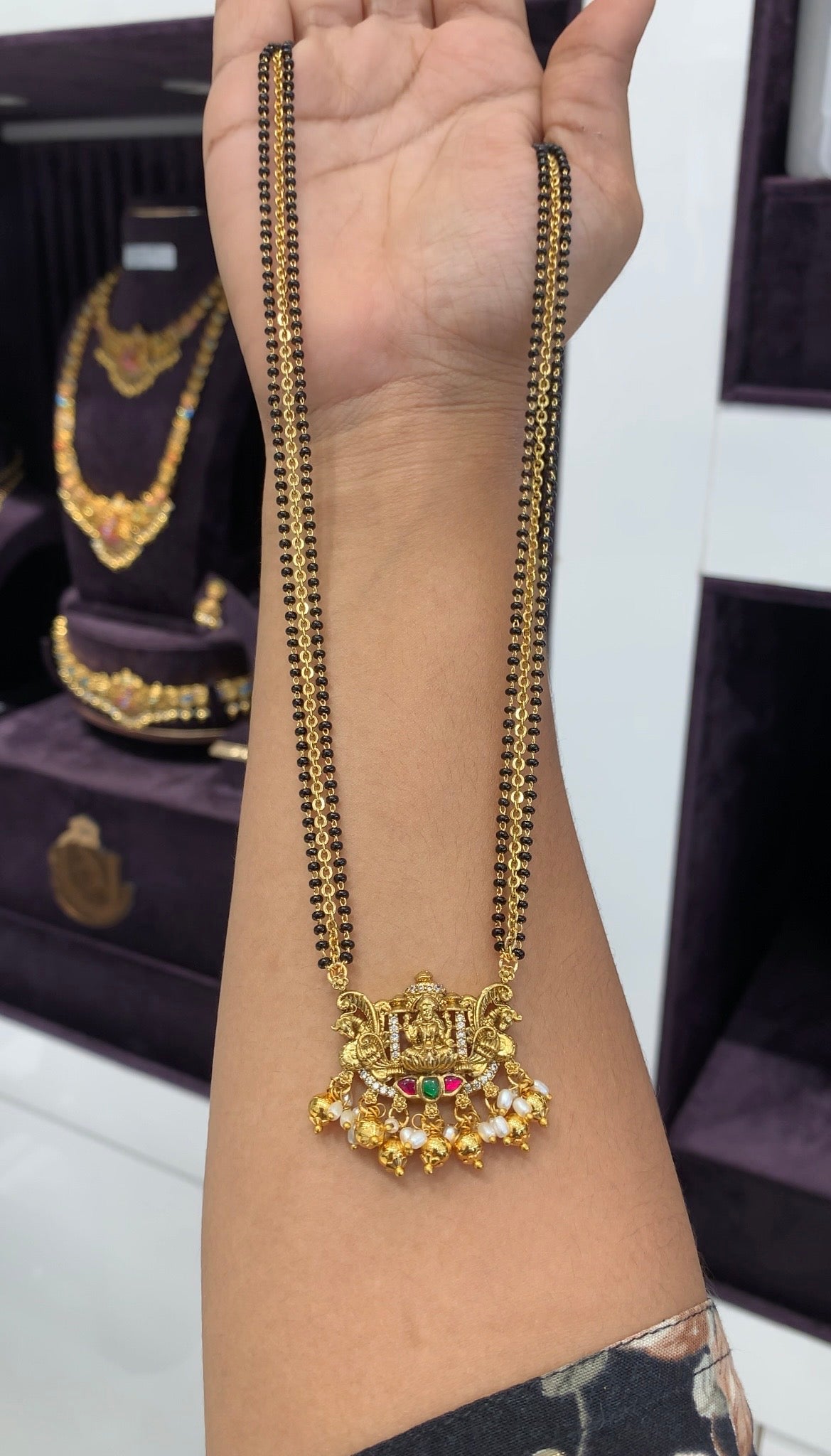 Beautiful Lakshmi devi pendant with handmaking blackbeads & Chandraharam chain 24 inchs long