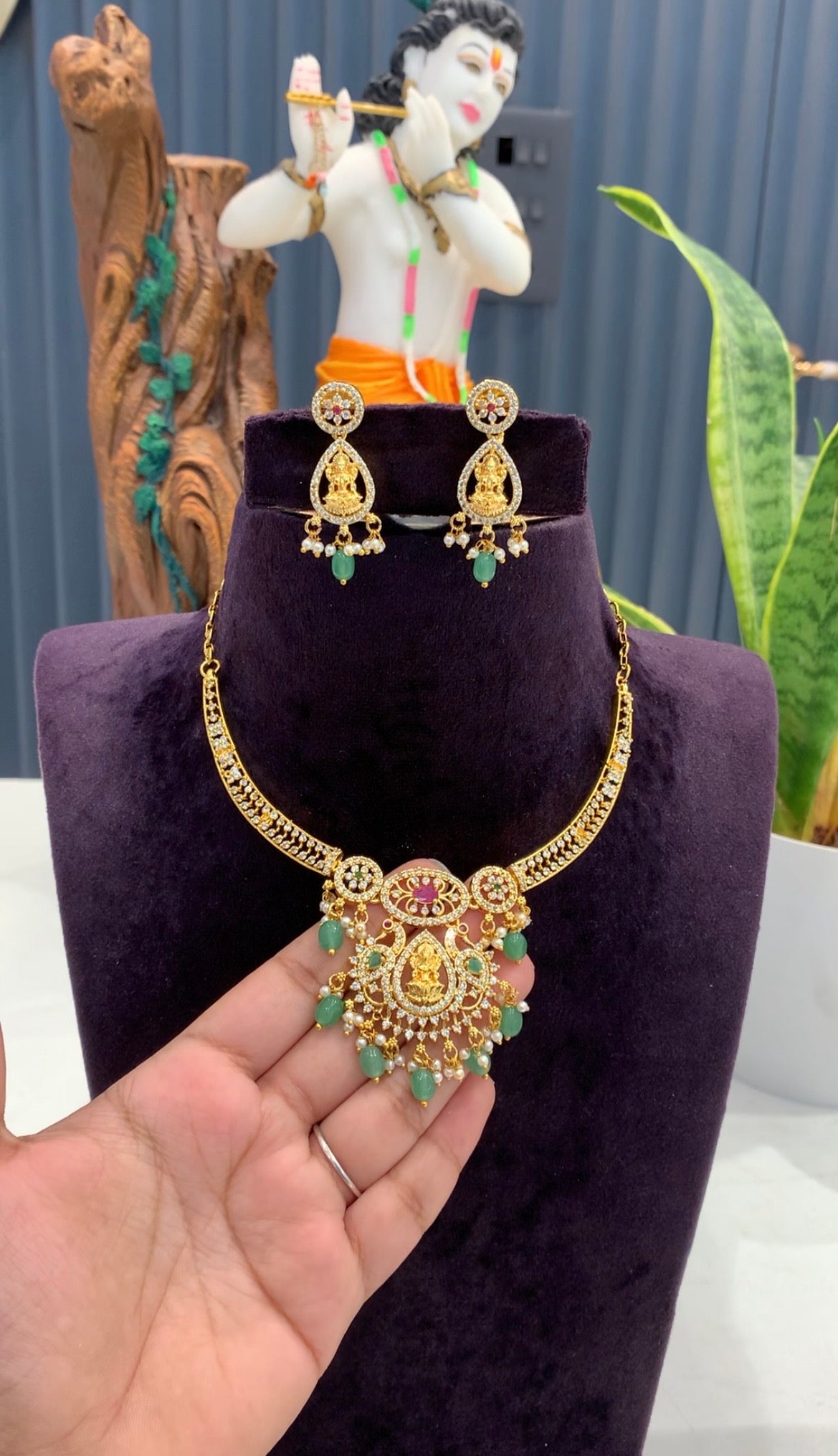 Beautiful CZ stones,Lakshmi devi necklace set with pushback earrings