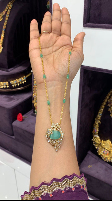 Beautiful green stone pendant with handmaking beads& Chandraharam chain 18 inchs long