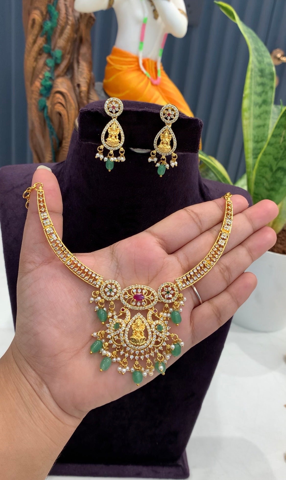 Beautiful CZ stones,Lakshmi devi necklace set with pushback earrings