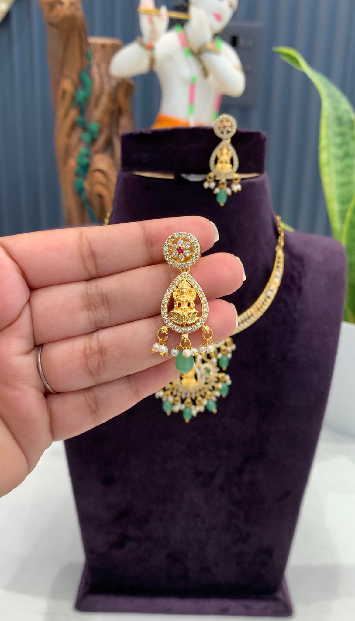 Beautiful CZ stones,Lakshmi devi necklace set with pushback earrings