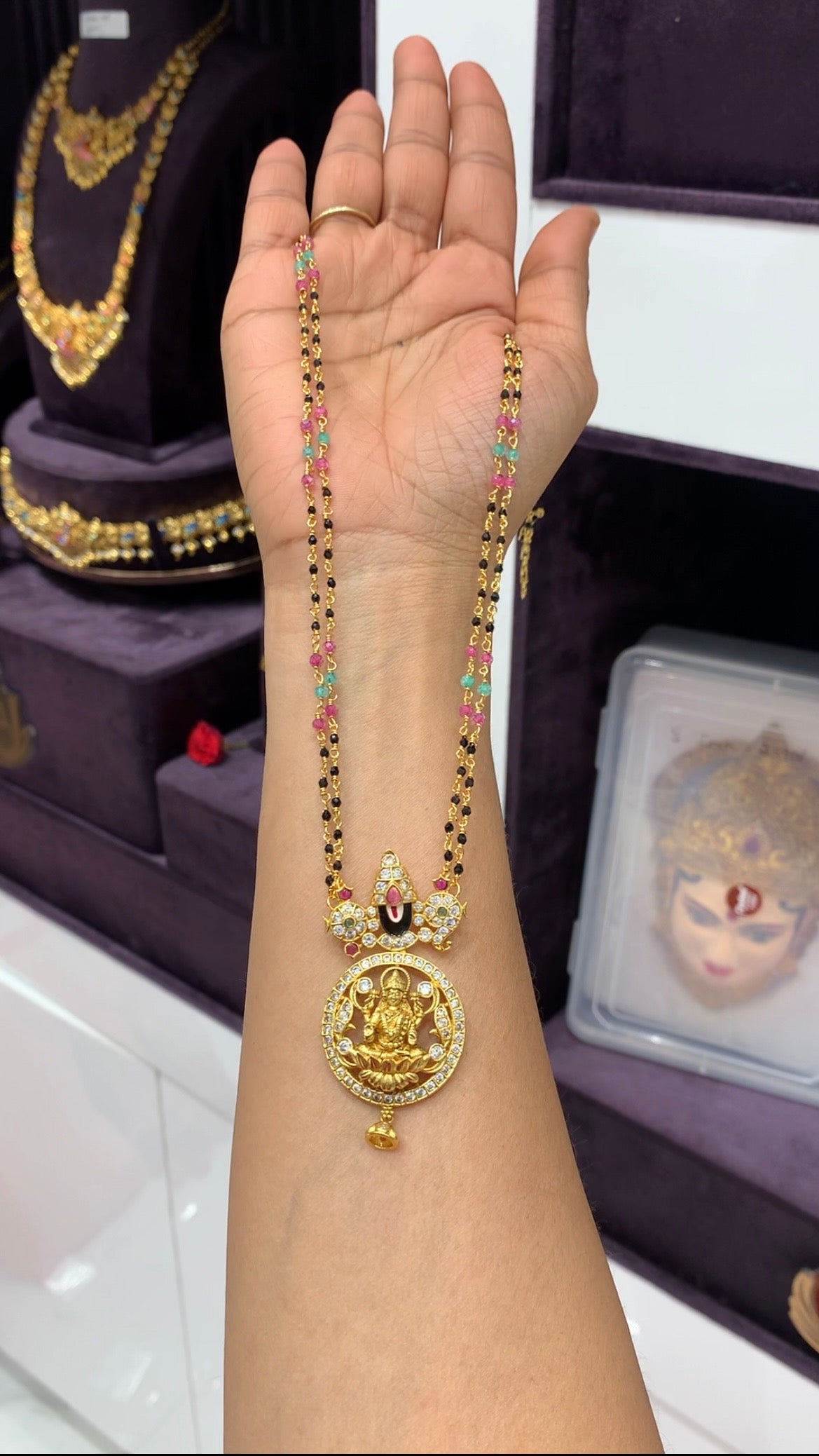 Beautiful Balaji & lakshmi Ammavari pendant with handmaking blackbeads mala 18 inchs long