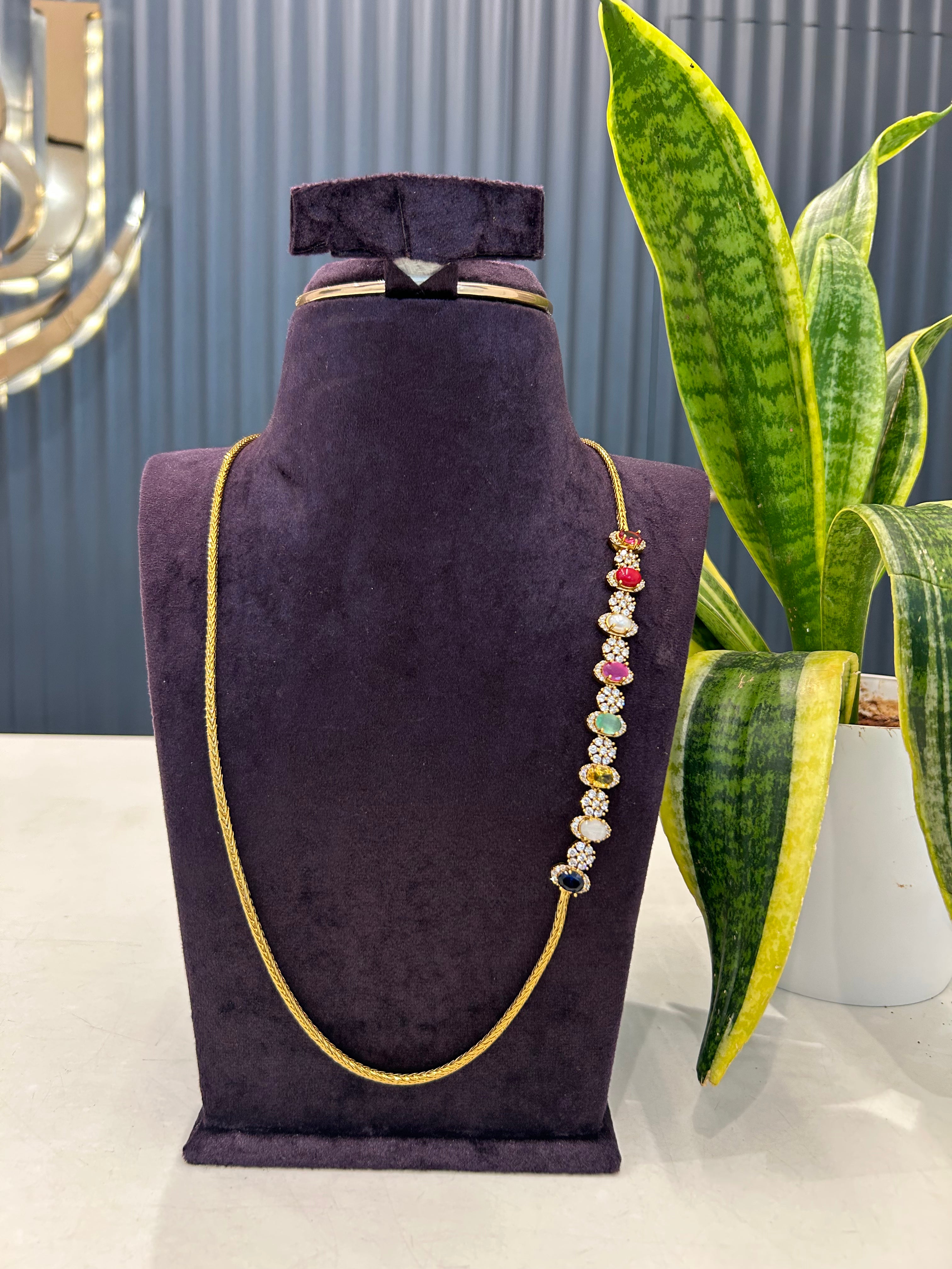Beautiful Navarathna stones side locket thali chain 24 inchs long