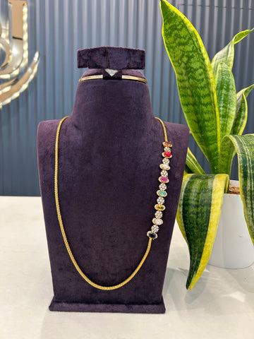 Beautiful Navarathna stones side locket thali chain 24 inchs long
