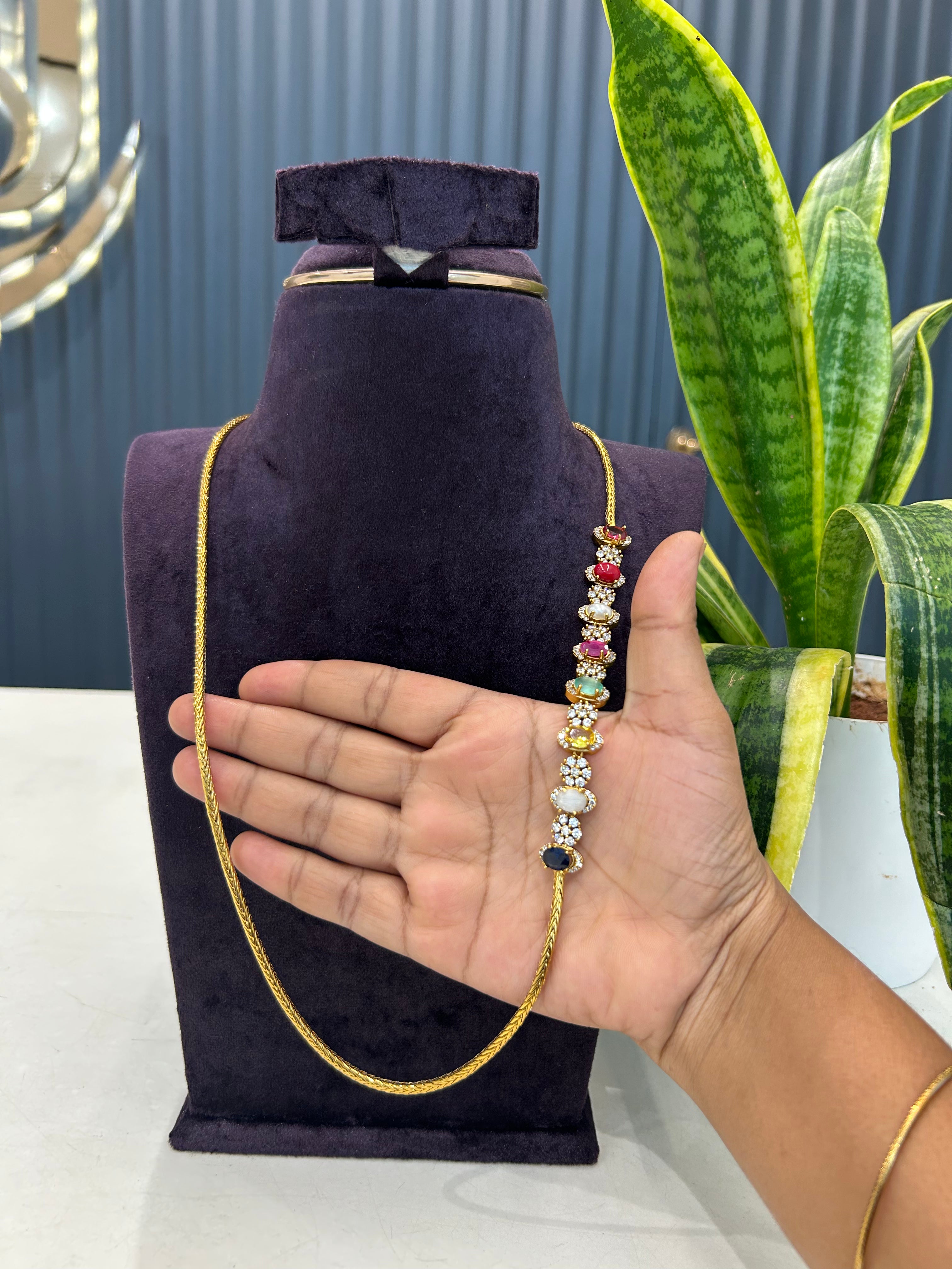 Beautiful Navarathna stones side locket thali chain 24 inchs long