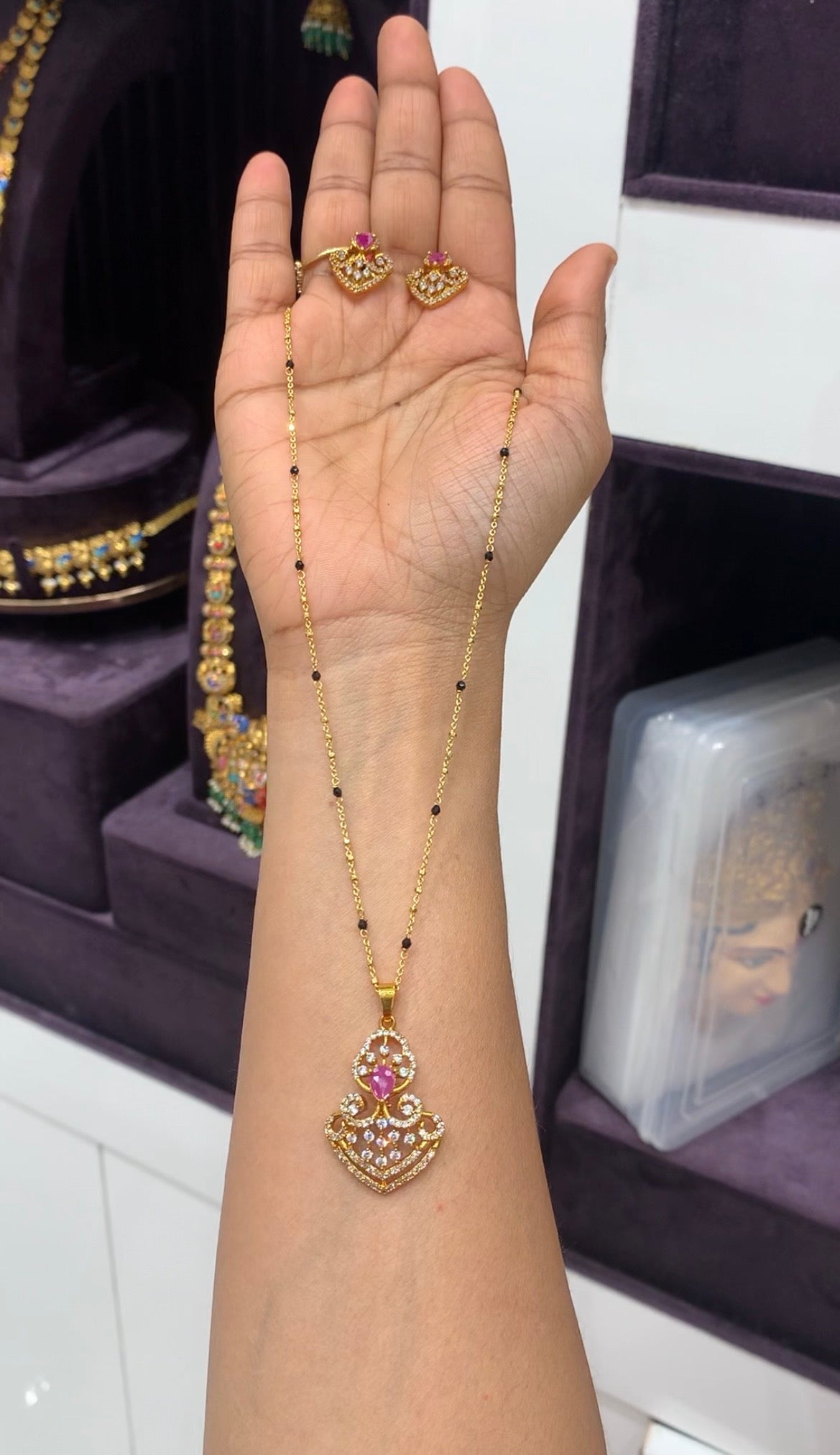 Beautiful pink stone pendant set with handmaking Chandraharam & Blackbeads chain 18 inchs long