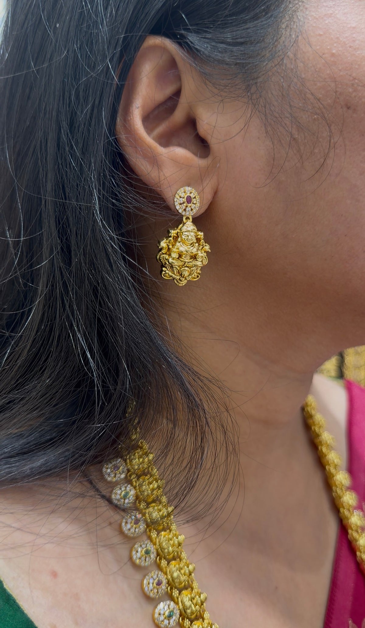 Beautiful CZ stones,Lakshmi devi long haram with pushback earrings