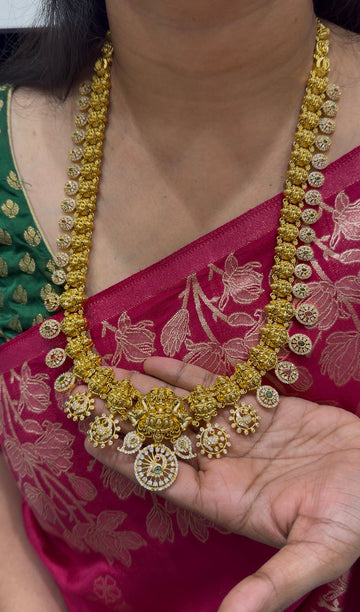 Beautiful CZ stones,Lakshmi devi long haram with pushback earrings