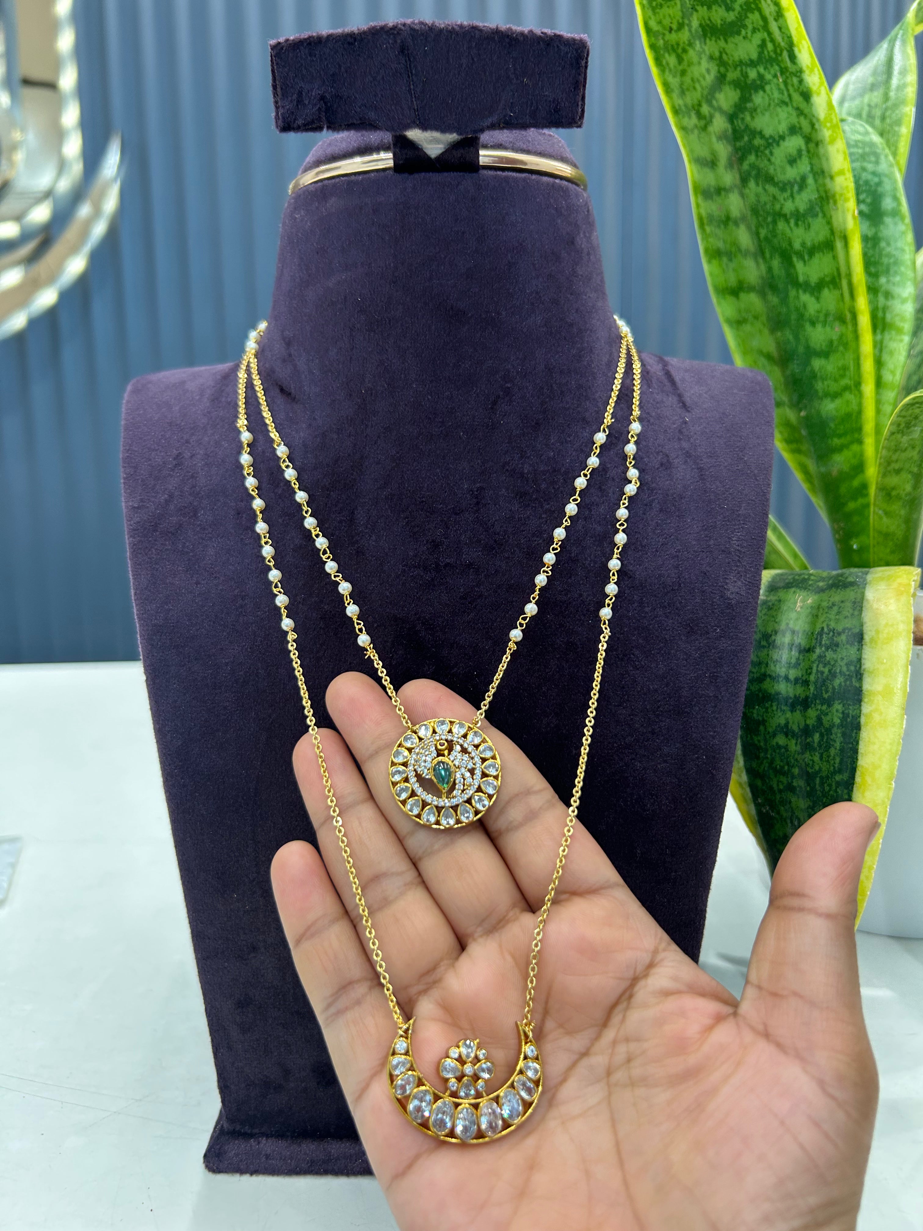Beautiful uncut stone sun & moon  pendants with handmaking pearls,Chandraharam chain 20inchs long