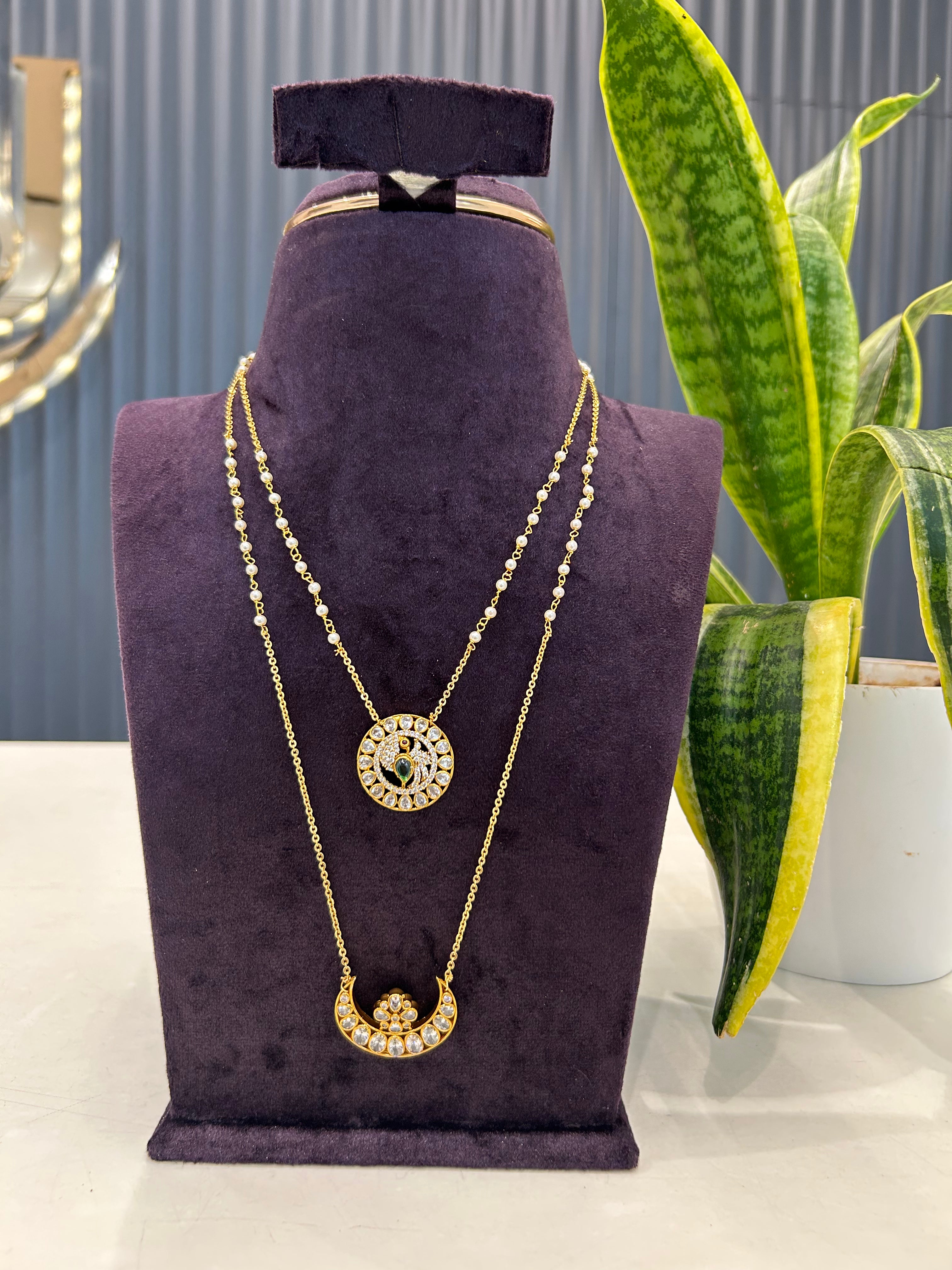 Beautiful uncut stone sun & moon  pendants with handmaking pearls,Chandraharam chain 20inchs long