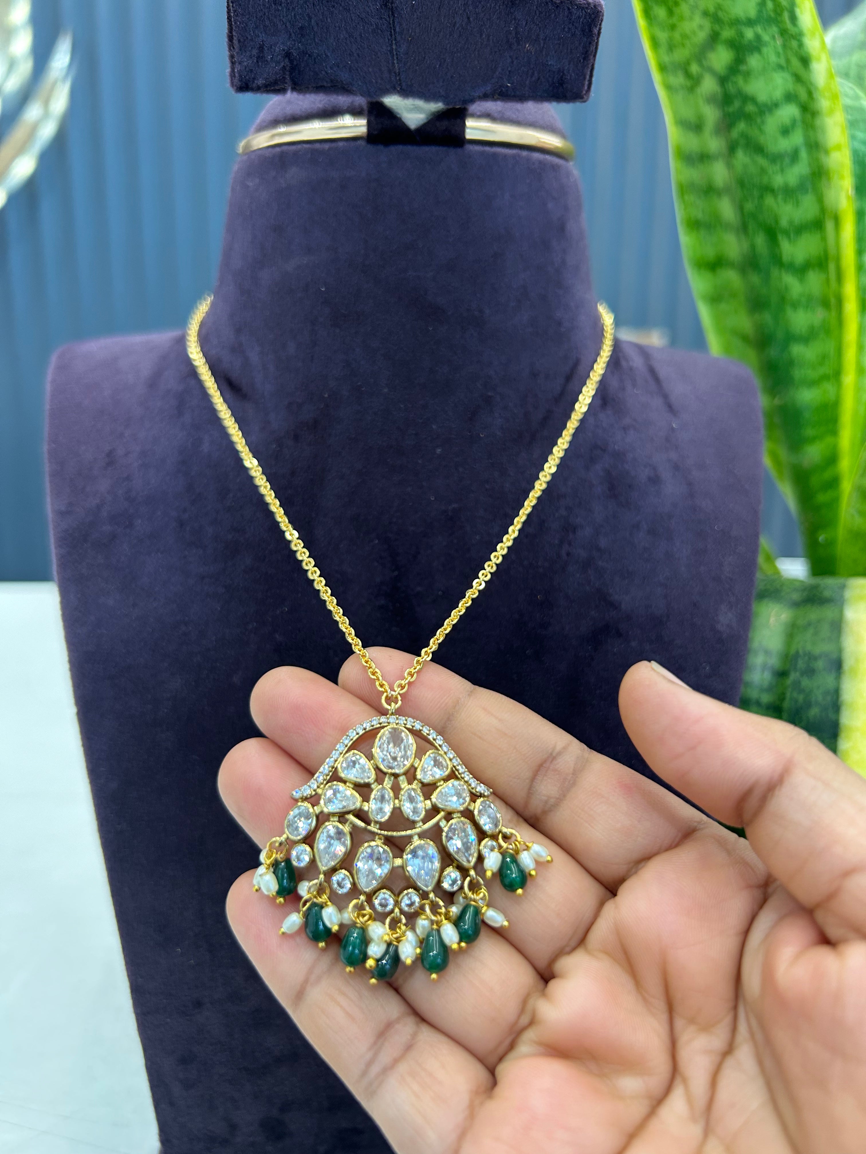 Beautiful uncut stone pendant with Chandraharam chain 18 inchs long