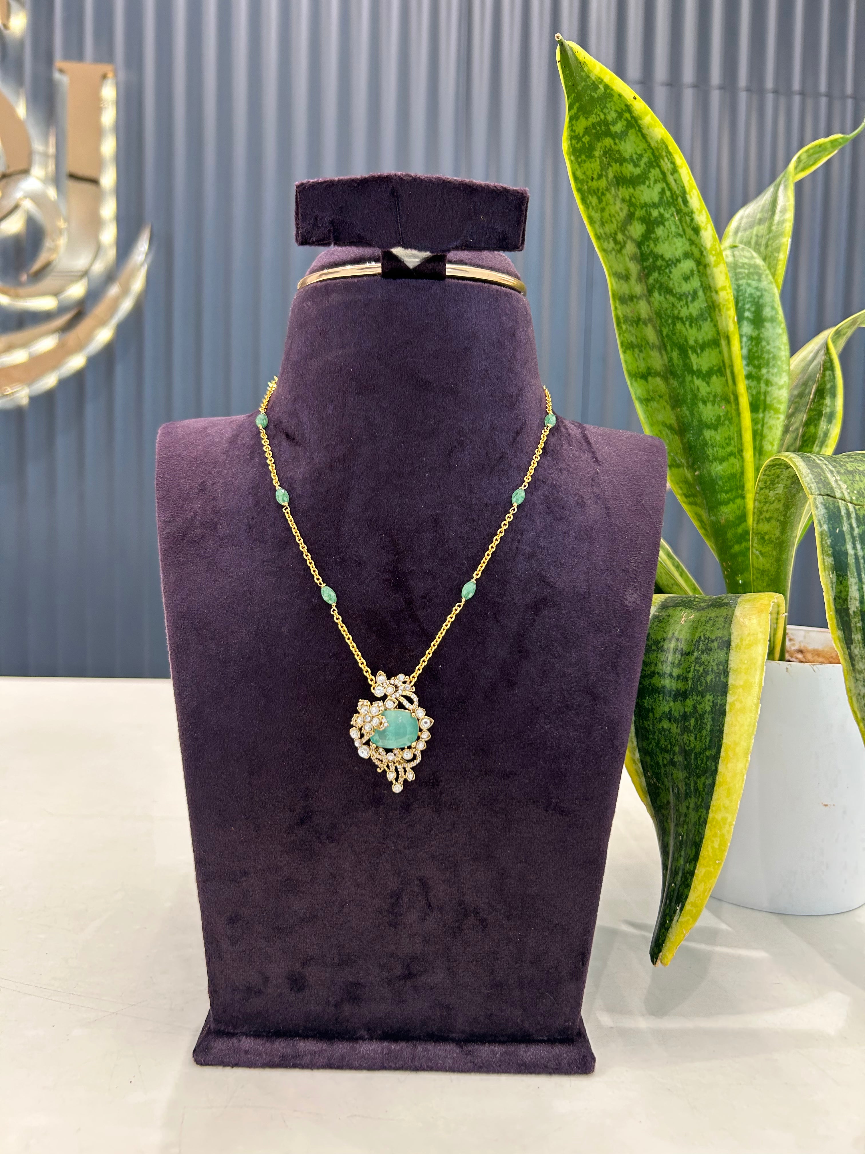 Beautiful green stone pendant with handmaking beads,Chandraharam chain 18 inchs long