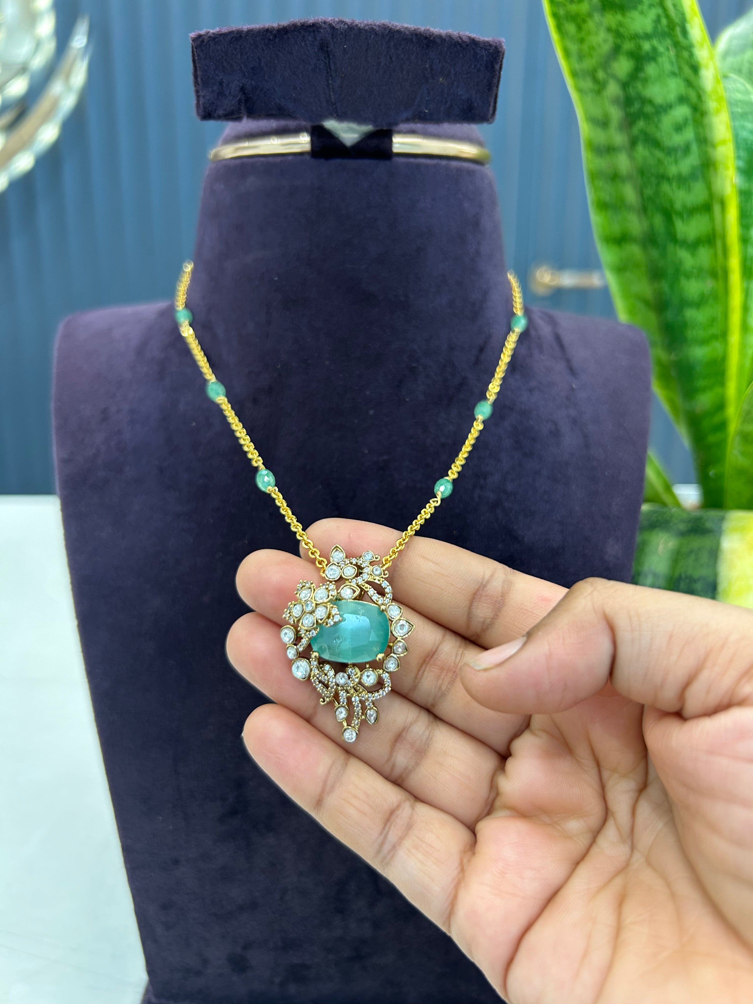 Beautiful green stone pendant with handmaking beads,Chandraharam chain 18 inchs long