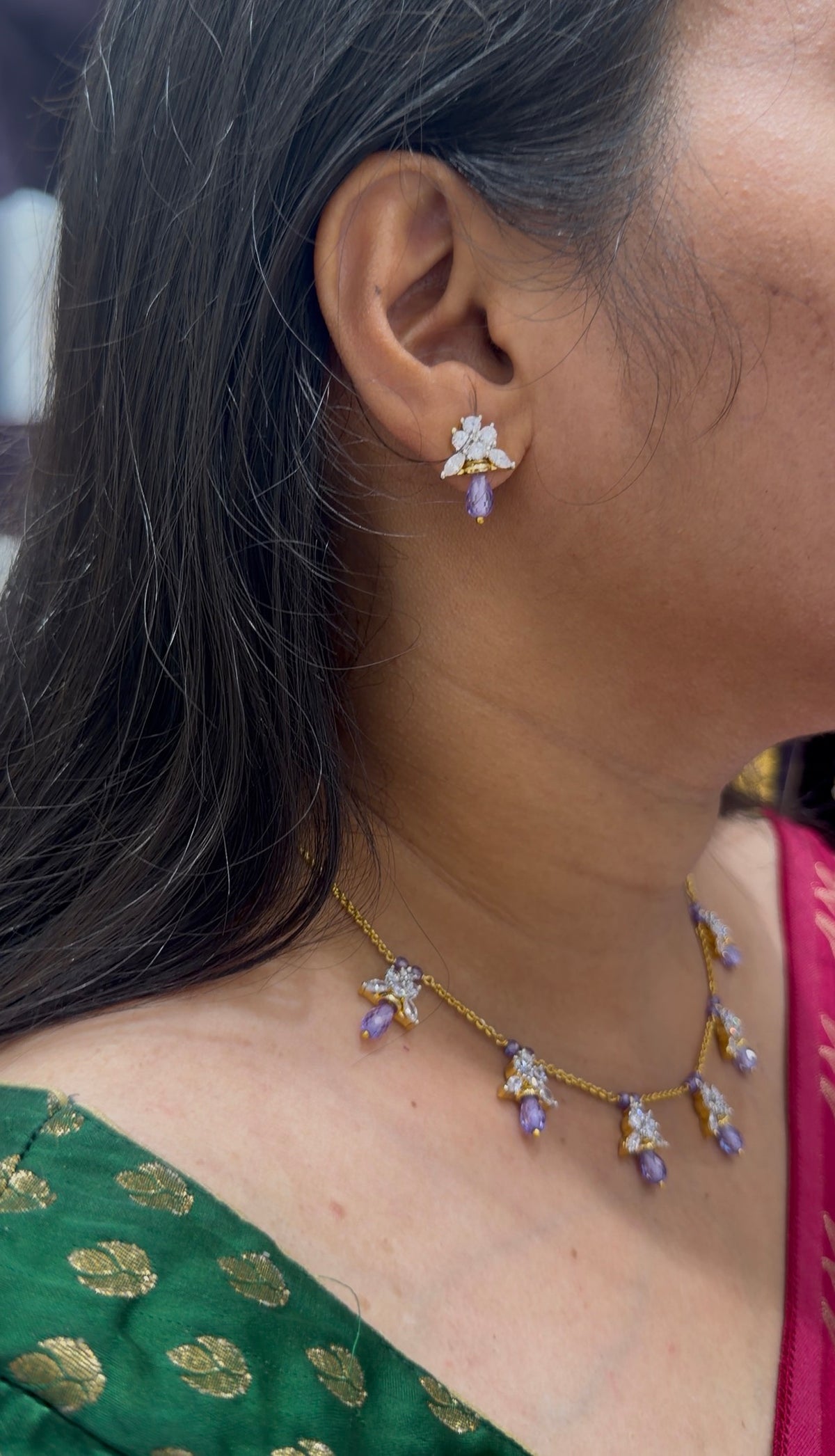 Beautiful white stones pendants  handmaking Chandraharam chain neckset with pushback earrings