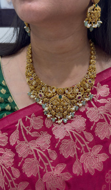 Beautiful peacock design heavy necklace with screwback earrings