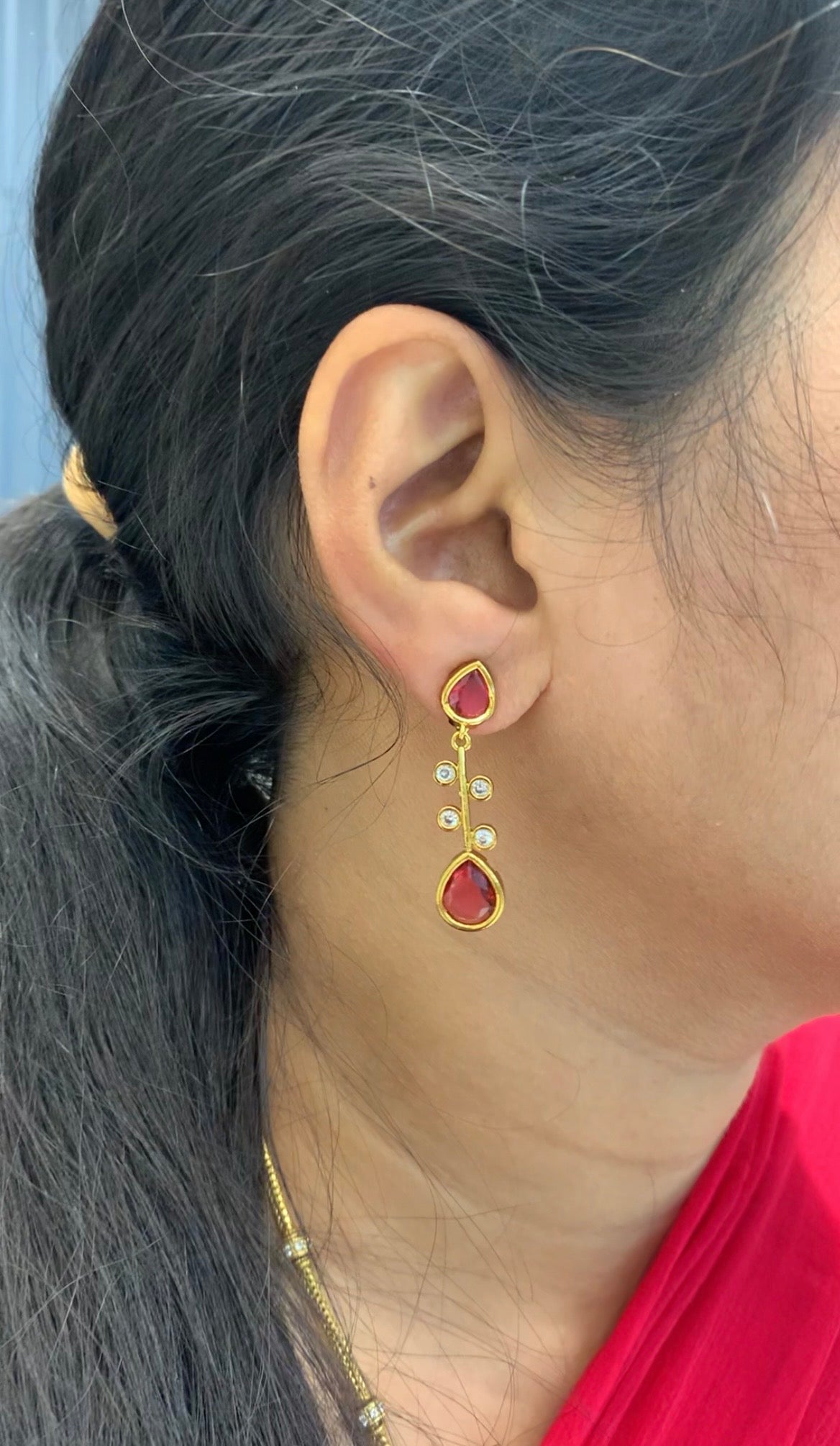 Beautiful red color stone ear hangings with pushback