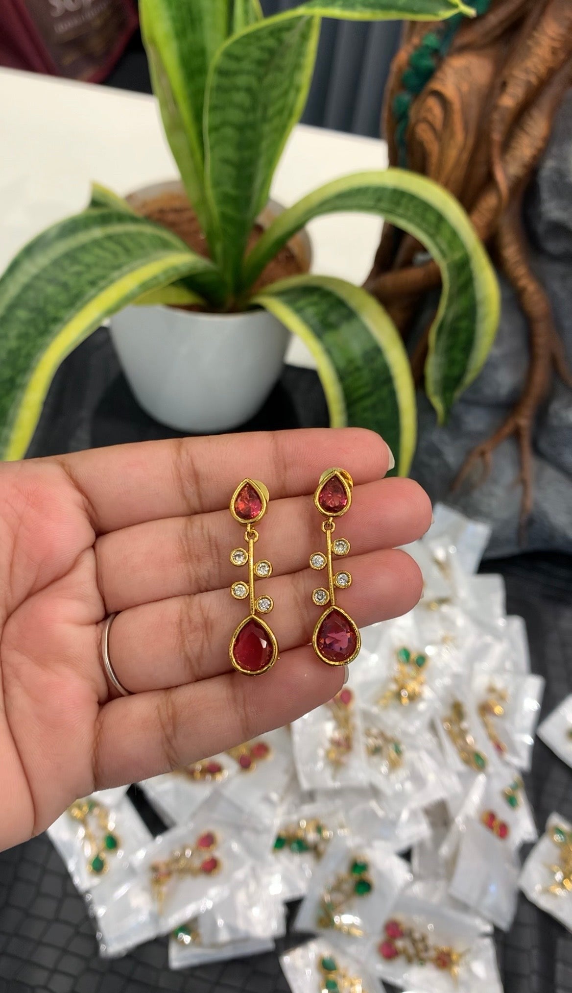 Beautiful red color stone ear hangings with pushback