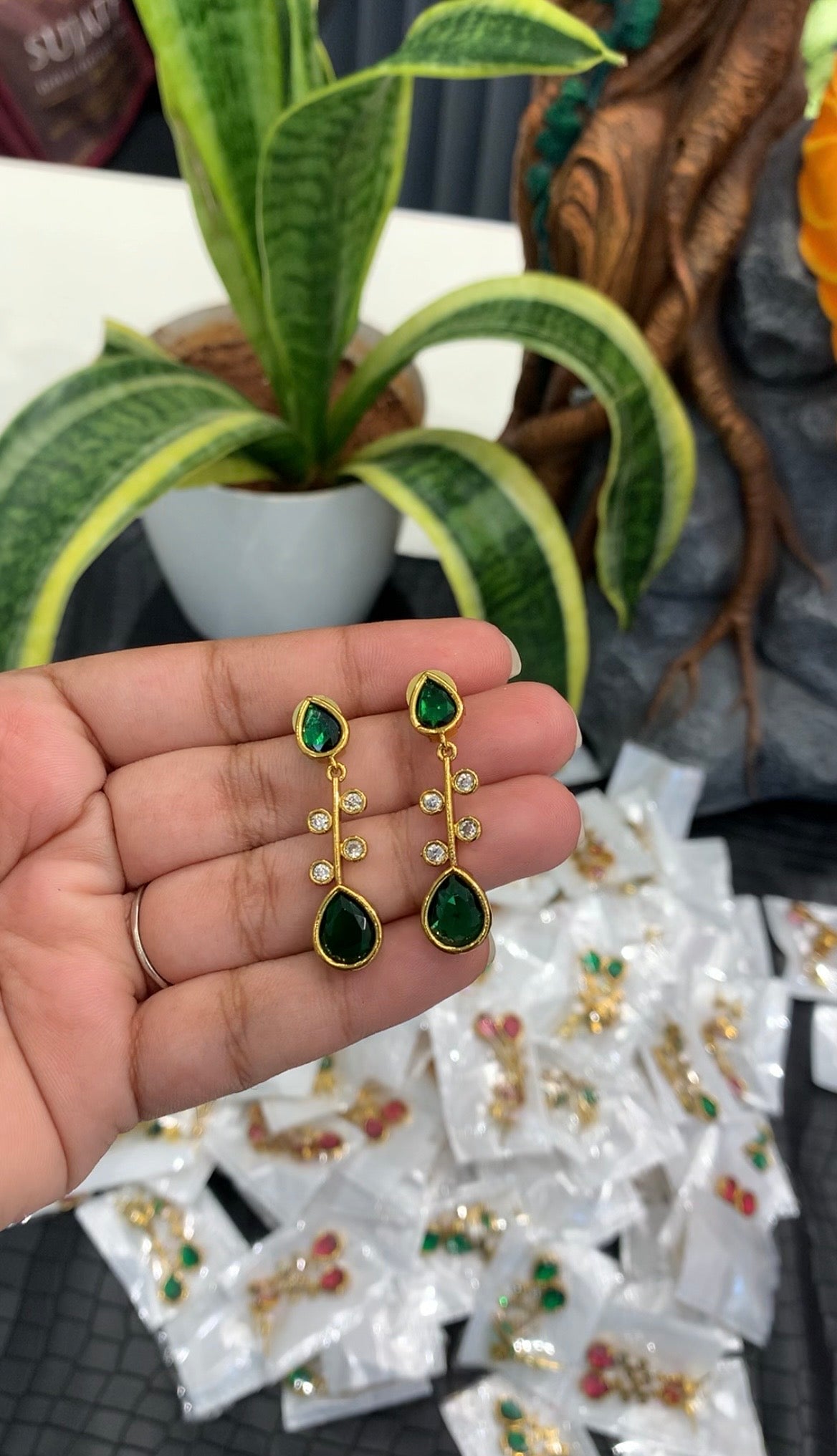 Beautiful green color stones ear hangings with pushback