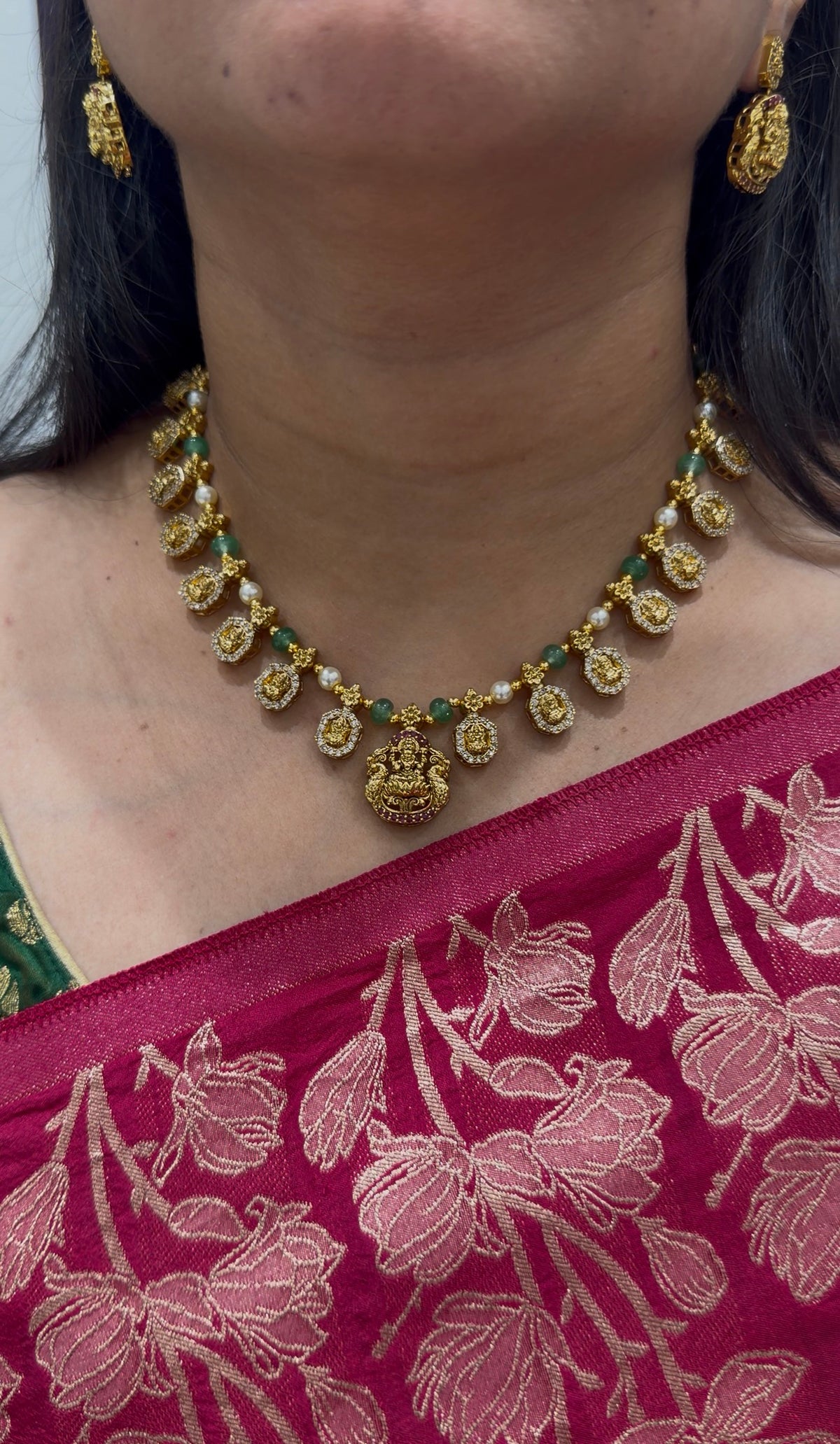Beautiful Lakshmi devi idol kasula model necklace with pushback earrings