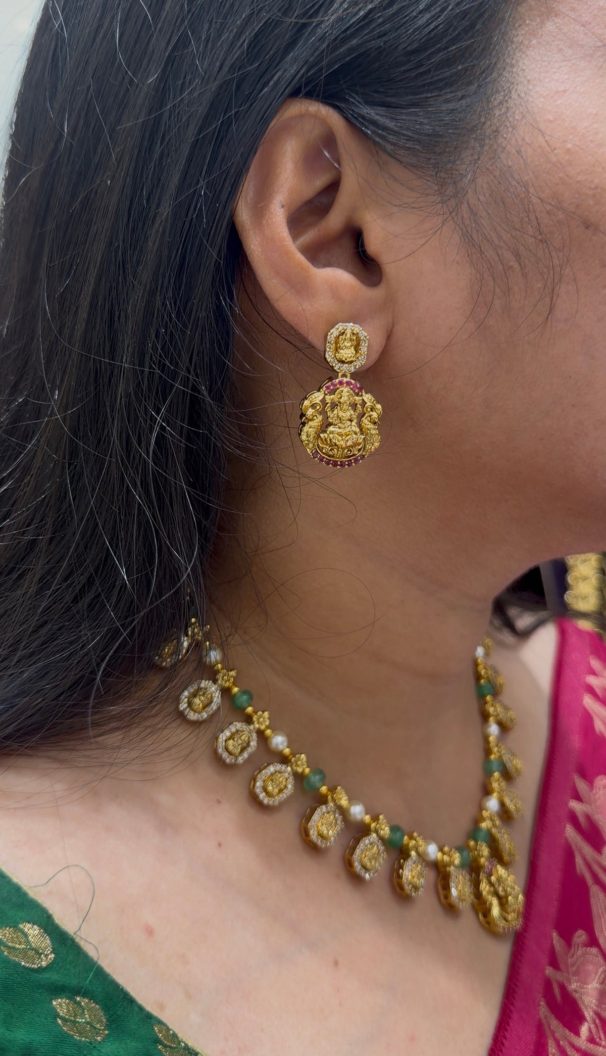 Beautiful Lakshmi devi idol kasula model necklace with pushback earrings