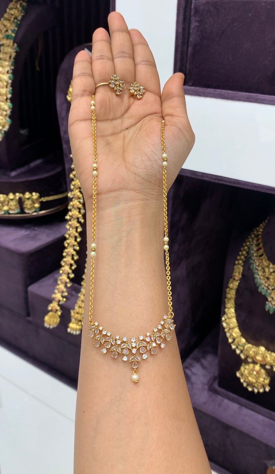 Beautiful white stones locket with handmaking Chandraharam chain 18 inchs long