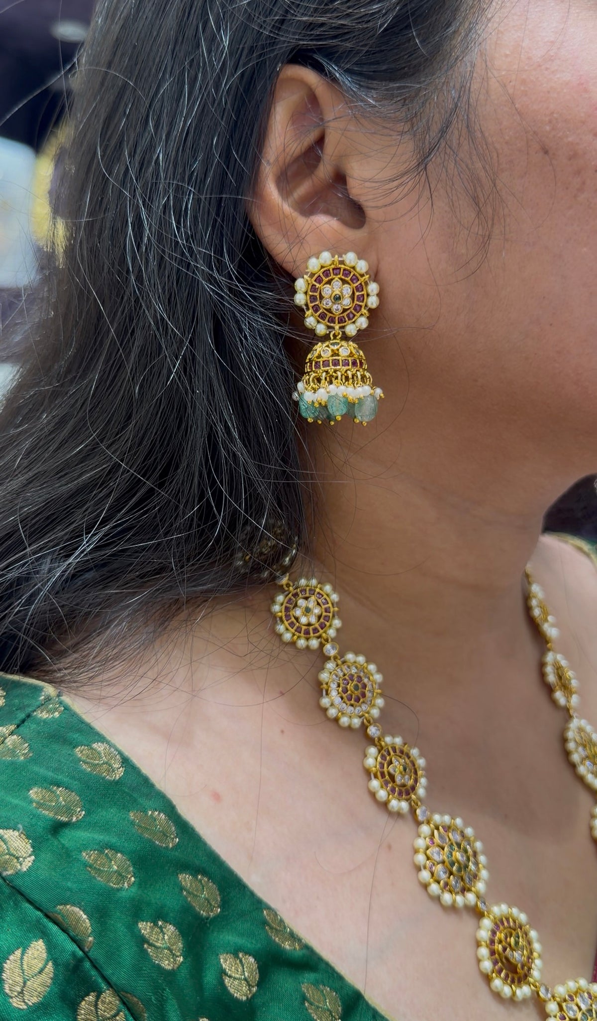 Beautiful pota stone pearls finishing long haram with pushback earrings