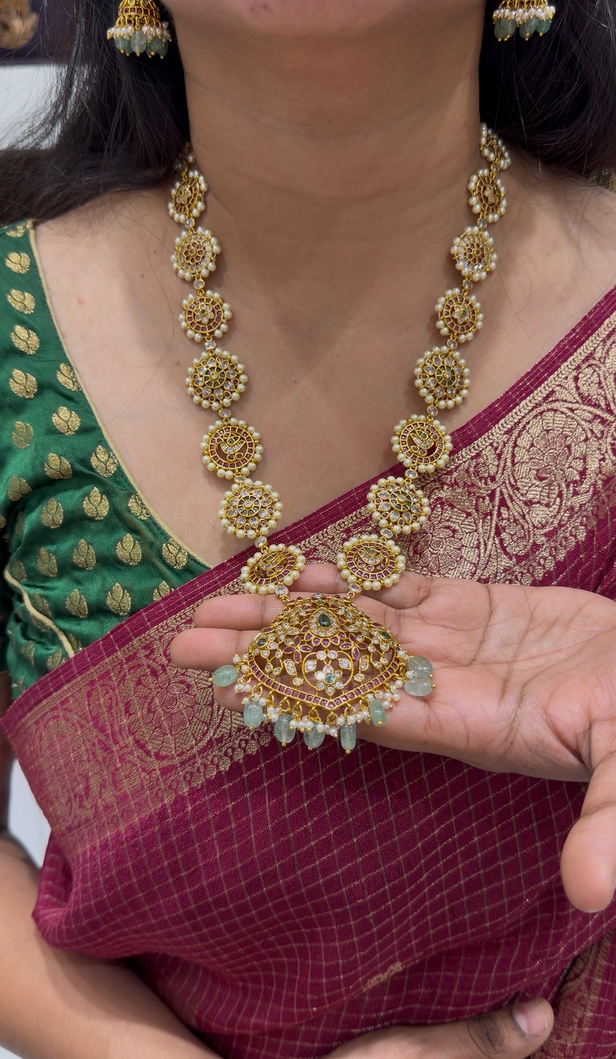 Beautiful pota stone pearls finishing long haram with pushback earrings