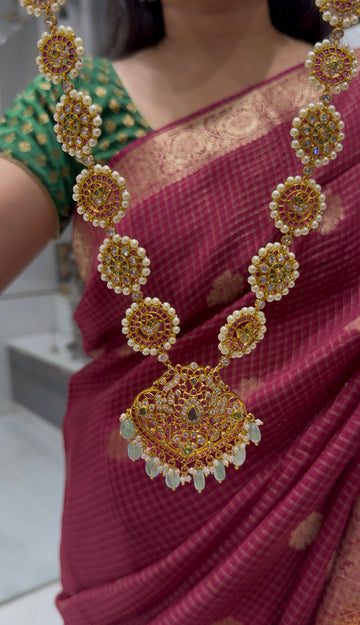 Beautiful pota stone pearls finishing long haram with pushback earrings
