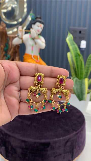 Beautiful peacock design Chandbali pushback earrings with multi color beads