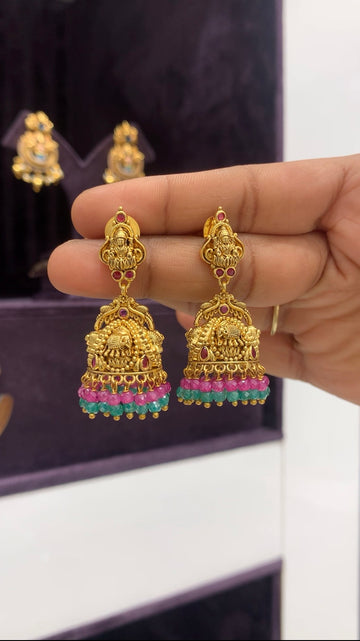 Beautiful Traditional Lakshmi devi pushback jumkis with CZ beads finishing