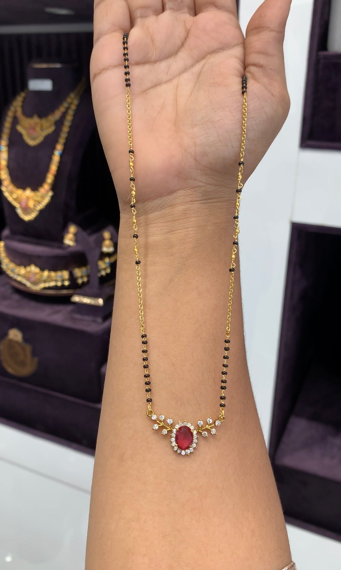 Beautiful simple red color stone pendant with handmaking blackbeads,Chandraharam chain 18 inchs long